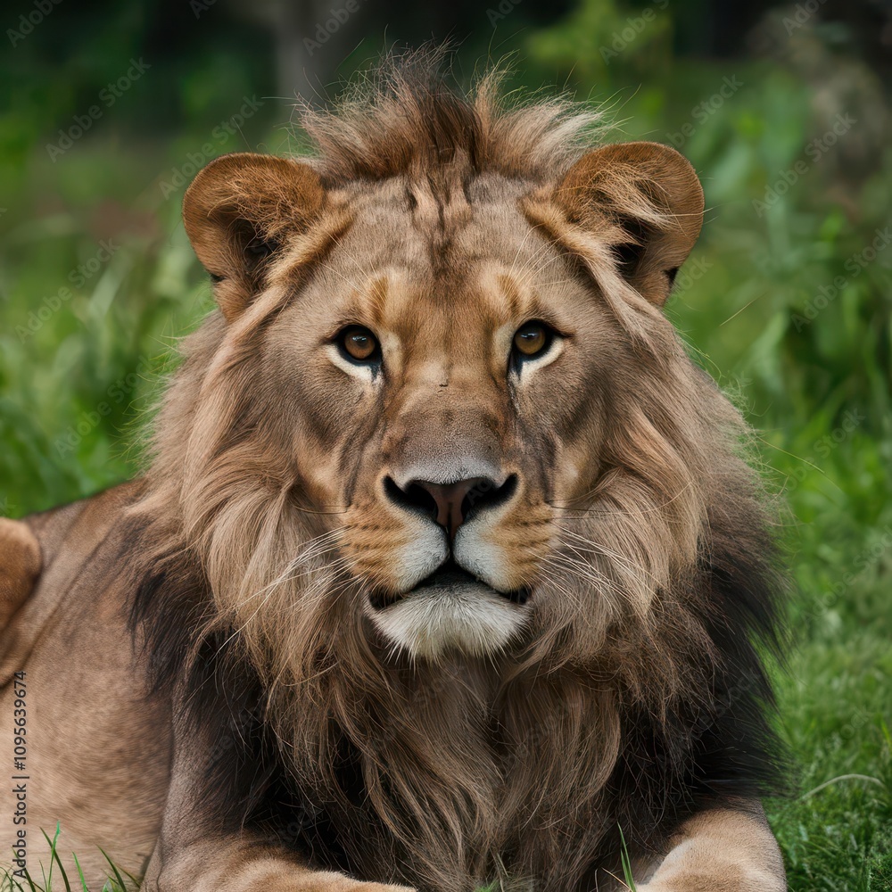 A majestic lion with a thick, mane, resting in a lush green environment A majestic lion with a thick, mane, resting in a lush green environment