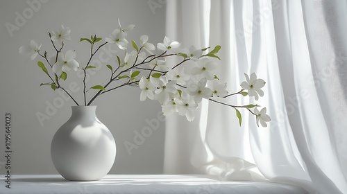 White dogwood blossoms in a minimalist vase by a sheer curtain. photo