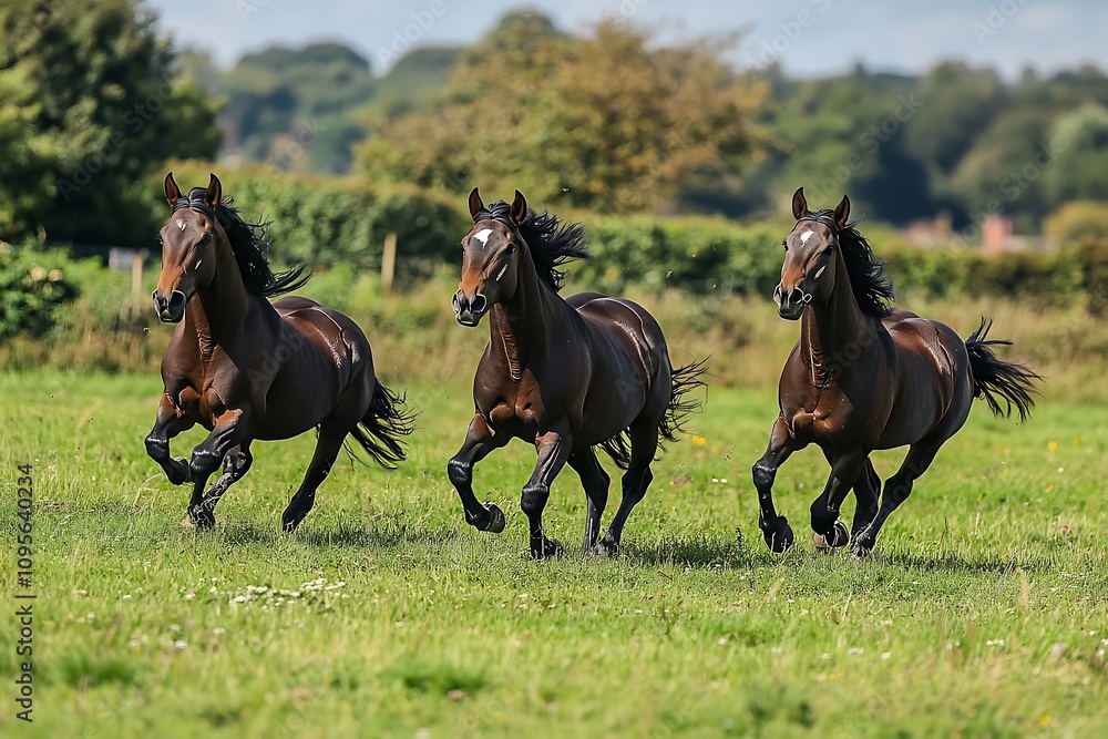 Three brown horses are galloping across a green field, enjoying a sunny day Three brown horses are galloping across a green field, enjoying a sunny day