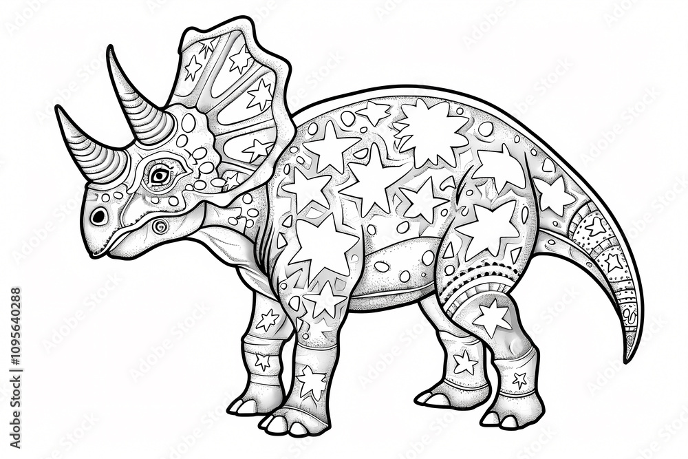Obraz premium Colorful and creative illustration of a Triceratops with star patterns, perfect for imaginative coloring activities.