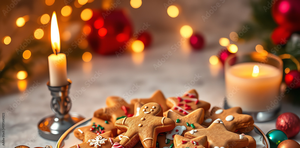 Festive gingerbread cookies surrounded by holiday decorations and candles create a warm seasonal atmosphere Festive gingerbread cookies surrounded by holiday decorations and candles create a warm seasonal atmosphere