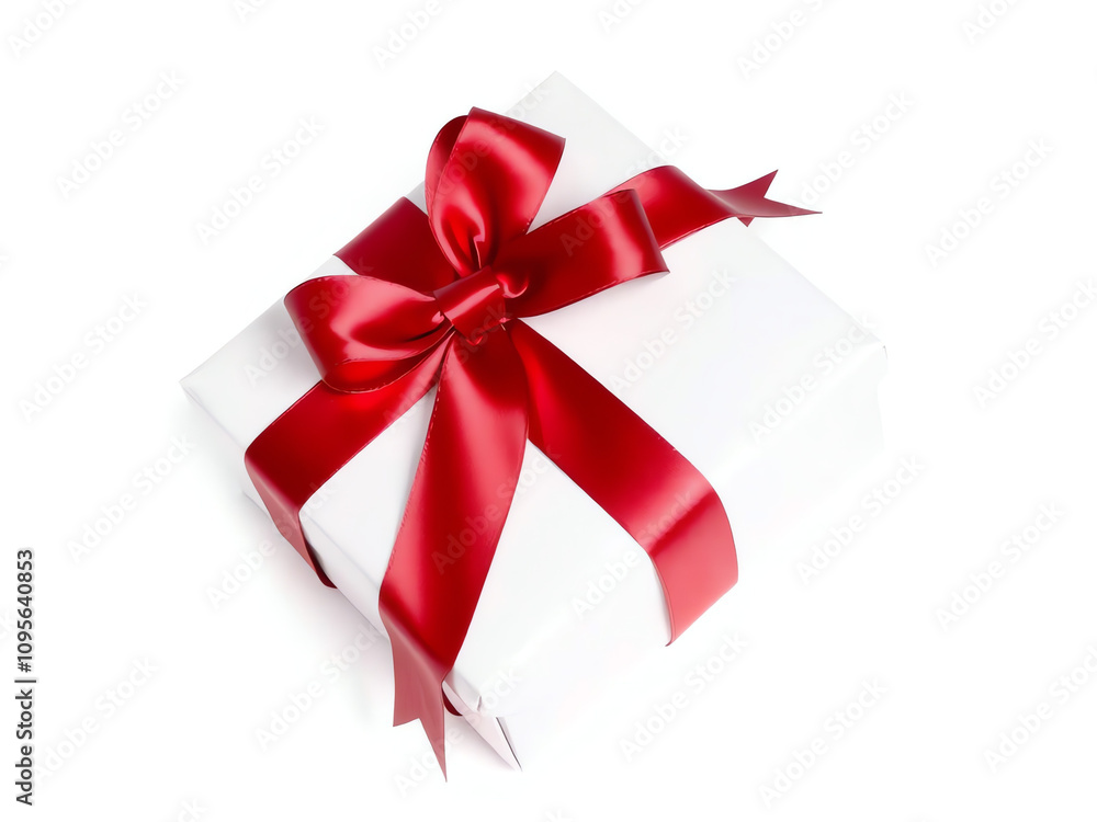 Gift box wrapped in white paper with a shiny red bow ready for a special occasion Gift box wrapped in white paper with a shiny red bow ready for a special occasion