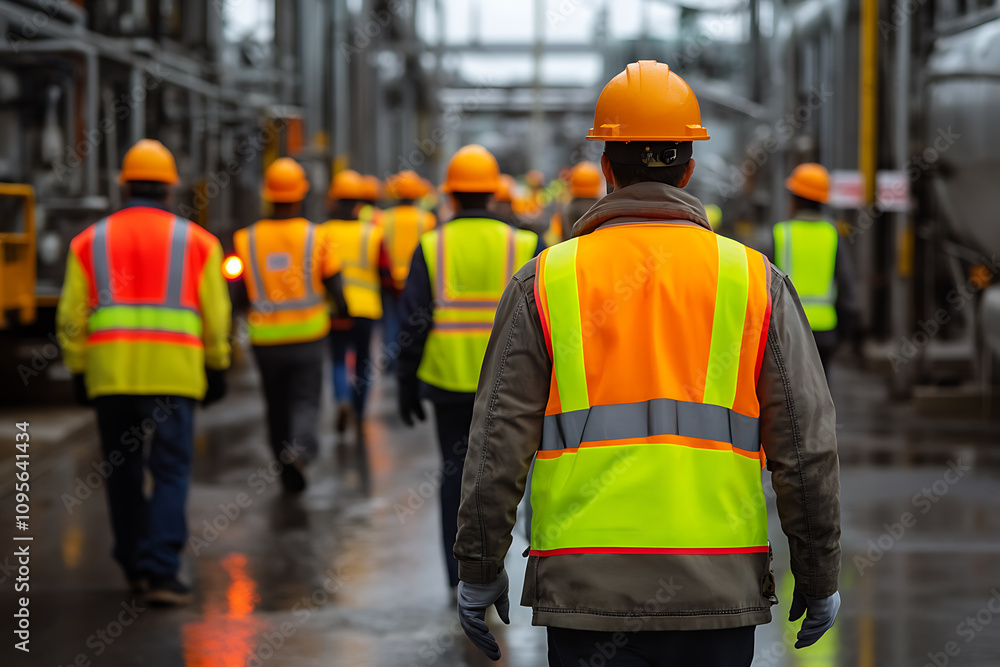 Obraz premium Workers wearing high-visibility vests participating in an emergency evacuation drill at an industrial plant, emphasizing safety protocols and teamwork in risk preparedness.