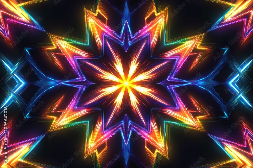 Vibrant neon kaleidoscope pattern with radiant star design Vibrant neon kaleidoscope pattern with radiant star design
