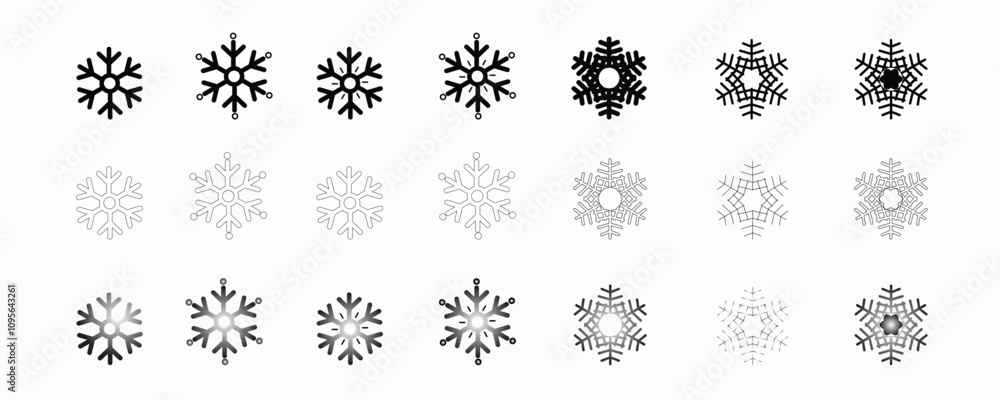 Snowflake variations icon collection. Snowflakes white ice crystal on white background. Winter symbol. Christmas logo sign. Snowflake variations icon collection. Snowflakes white ice crystal on white background. Winter symbol. Christmas logo sign.