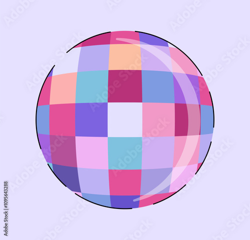 Classic 80s and 90s element. Colorful disco ball. Party and event, discotheque. Fun and entertainment. Sticker for social networks. Flat vector illustration