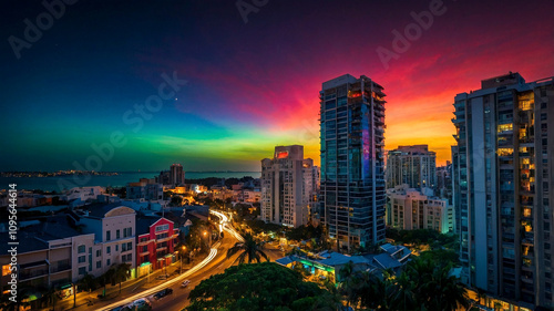 City at night with rainbow colored aurora, created with Generative Ai technology