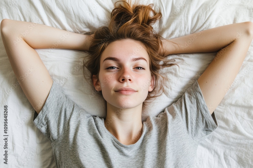 Relaxed female lying on bed with hands behind head, smiling Relaxed female lying on bed with hands behind head, smiling