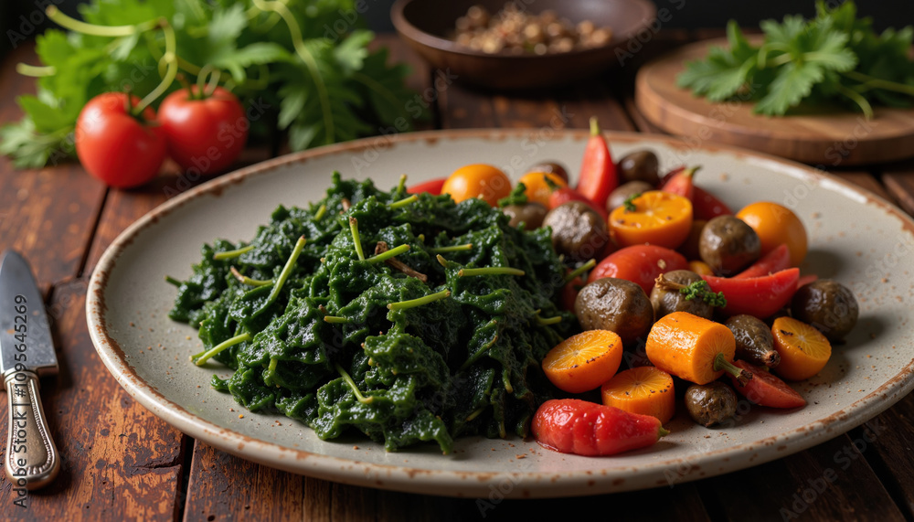 Steamed greens with roasted vegetables on rustic plate Steamed greens with roasted vegetables on rustic plate