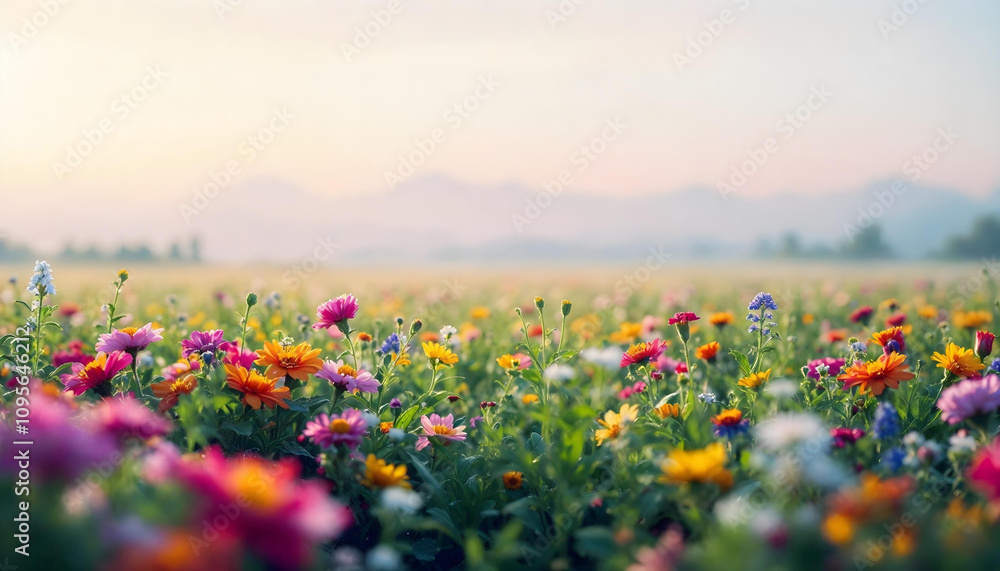 Fototapeta premium Blooming Wildflower Field in Morning Dew v4