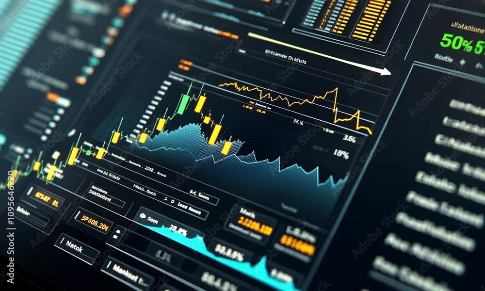 Close-up of a screen displaying financial data, charts, and graphs. Close-up of a screen displaying financial data, charts, and graphs.