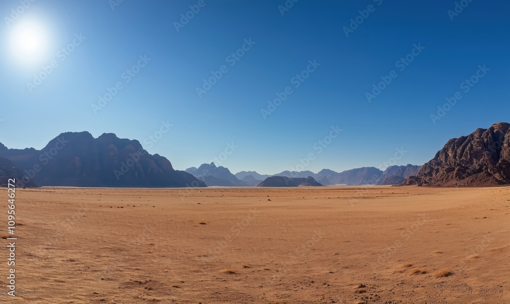 Desert landscape with mountains and clear blue sky, vast sandy terrain, arid environment, sunlight casting shadows Desert landscape with mountains and clear blue sky, vast sandy terrain, arid environment, sunlight casting shadows