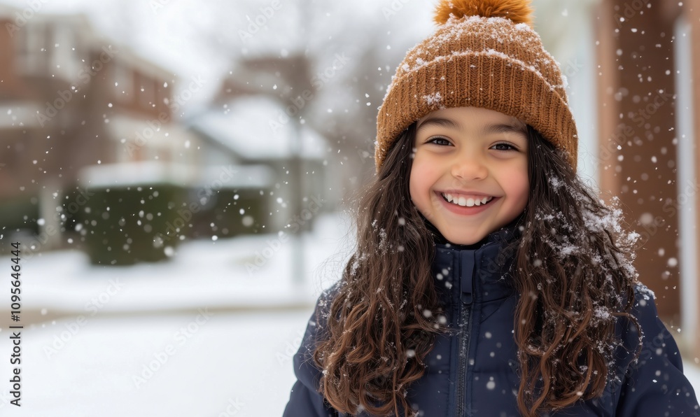 Smiling girl in winter snow, wearing brown knitted hat, blue jacket, enjoying snowfall, cheerful expression, winter wonderland background Smiling girl in winter snow, wearing brown knitted hat, blue jacket, enjoying snowfall, cheerful expression, winter wonderland background