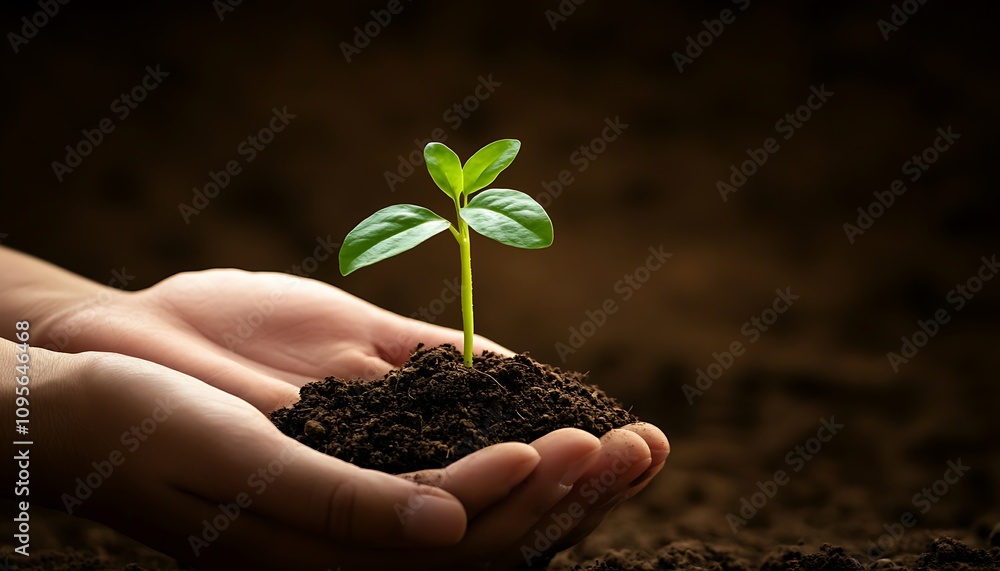 A person gently holds a young plant sprouting from rich soil, symbolizing growth and care. A person gently holds a young plant sprouting from rich soil, symbolizing growth and care.