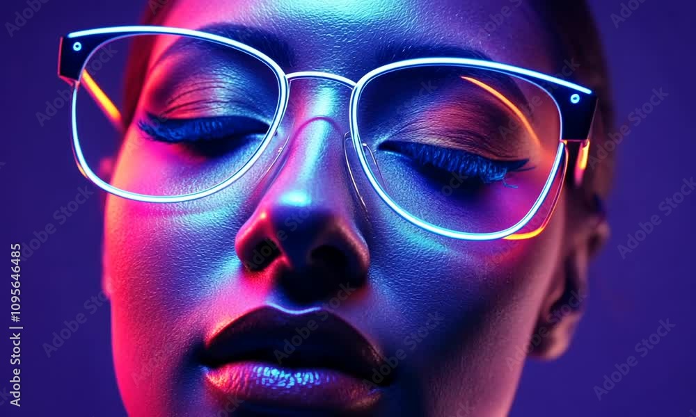 Close-up of a woman's face illuminated by vibrant neon lights, wearing stylish glasses. Close-up of a woman's face illuminated by vibrant neon lights, wearing stylish glasses.
