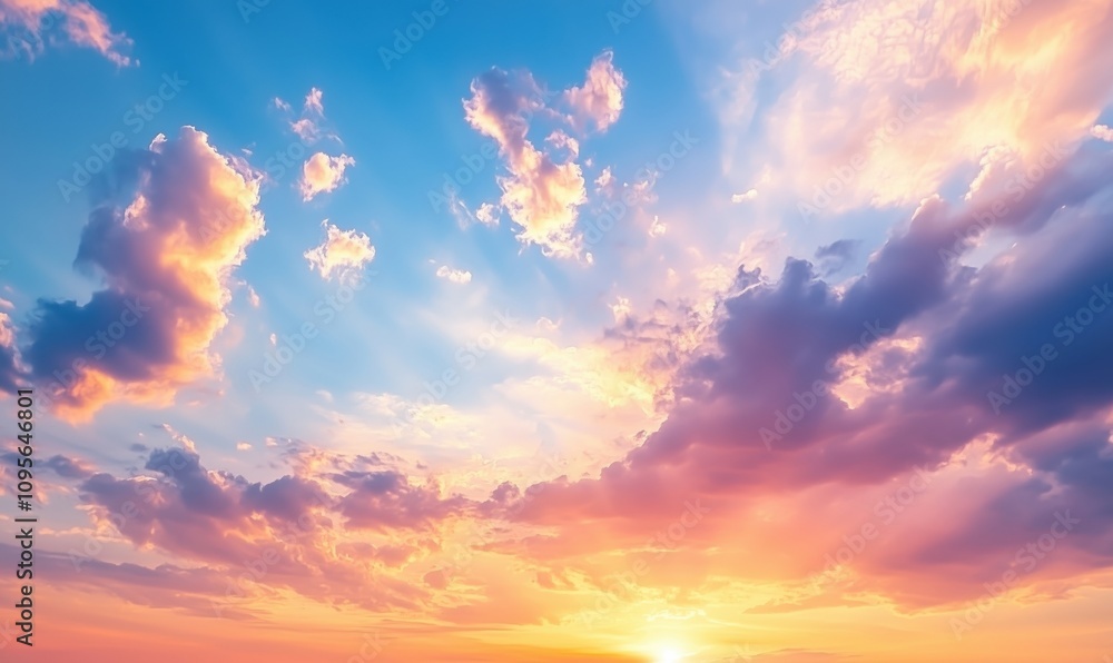 Vibrant sunset sky with clouds and rays of light, showcasing hues of orange, pink, and blue, creating a serene atmosphere. Vibrant sunset sky with clouds and rays of light, showcasing hues of orange, pink, and blue, creating a serene atmosphere.