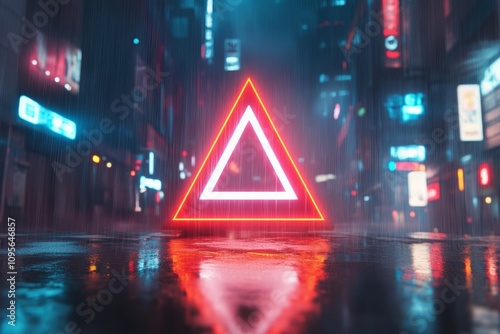 Neon red triangle in rainy cyberpunk cityscape at night