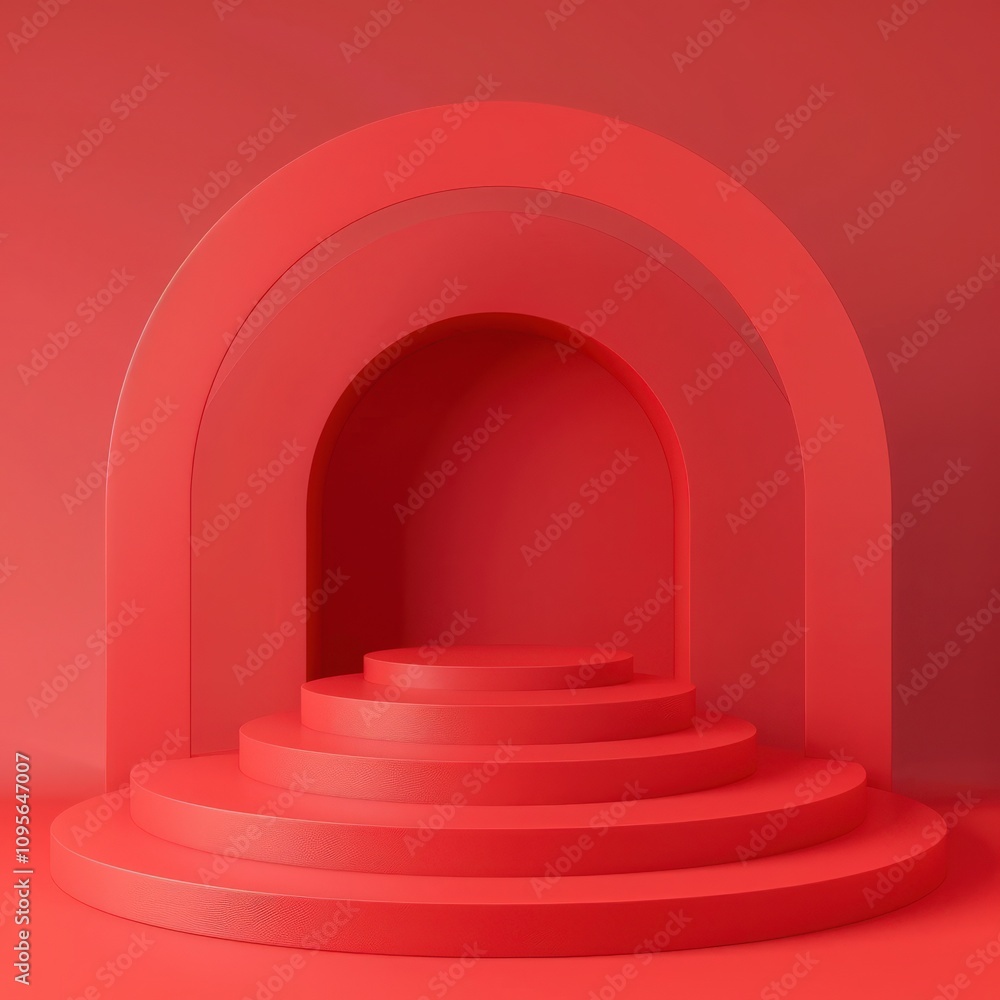 A simple, minimalist red platform with two steps, and a red arch in the background A simple, minimalist red platform with two steps, and a red arch in the background