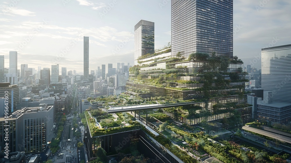 Fototapeta premium Futuristic Eco Friendly City with Green Roofs and Vertical Gardens
