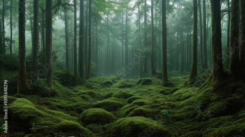 A forest with a lot of moss and trees. The trees are tall and green. The moss is covering the ground