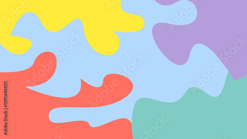 A vibrant, abstract design featuring colorful, flowing shapes in yellow, blue, pink, and green, creating a playful and dynamic visual effect.