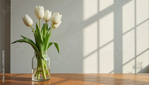 White tulips in a glass vase on a wooden table in natural light
