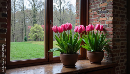 Pink tulips in pots on a windowsill overlooking a green garden