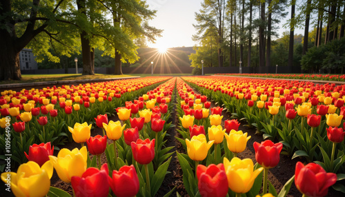 Field of red and yellow tulips glowing under the sunrise
