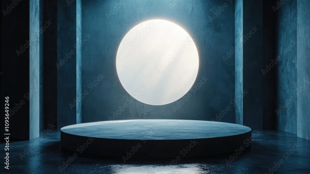 Circular Platform in a Dark Blue Room with a Circular Window Circular Platform in a Dark Blue Room with a Circular Window