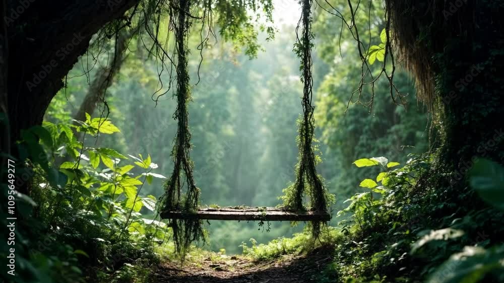 An old vine swing in the middle of the jungle basking in nature sunlight An old vine swing in the middle of the jungle basking in nature sunlight