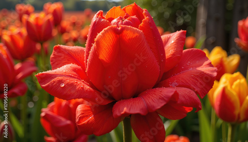 Close-up of a vibrant red tulip with dewdrops in a garden