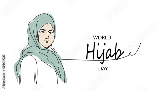  Happy World Hijab woman day. Continuous line  vector hand drawn illustration for greeting card, banner, poster.