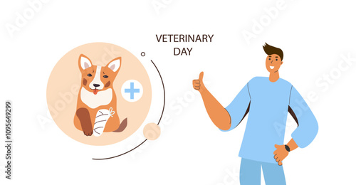 World Veterinary Day banner. Male Doctor and Cute  sick corgi Dog. Vector Flat Cartoon Hand Drawn illustration for banner, poster, flyer.
