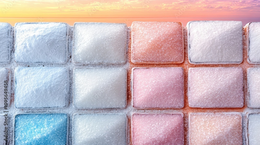 Fototapeta premium Vibrant Gradient Ice Cubes in Sunlit Pastel Hues: Frozen Cubes in Pink, Blue, and Orange Shades for Refreshing Summer Drinks and Creative Culinary Ideas