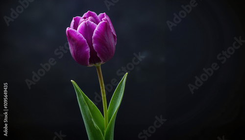 Single purple tulip with vibrant green leaves on a dark background