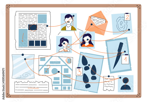 Detectives evidence board. Pictures of people, footprints and map. Police investigation and search for criminal. Police department. Linear vector illustration