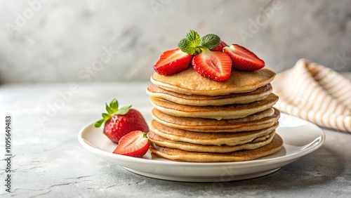 A delightful stack of golden brown pancakes, adorned with fresh strawberries and a sprig of mint, rests on a simple white plate.