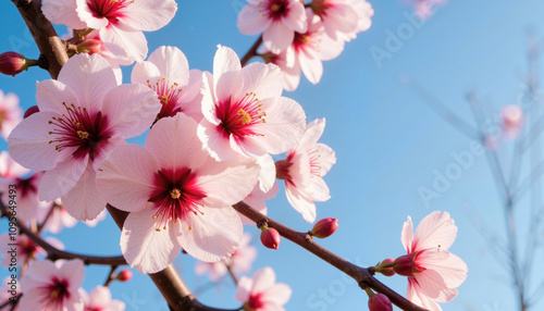 Close-up of cherry blossoms on a sunny day against blue sky