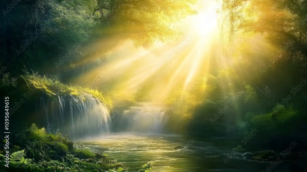 Tranquil Forest Waterfall with Sunlight Rays Tranquil Forest Waterfall with Sunlight Rays