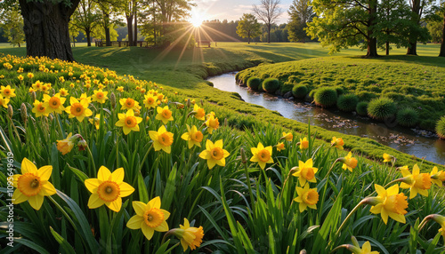Yellow daffodils along a stream at sunrise in a lush garden