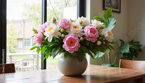 Bouquet of pink and white flowers in a vase on a wooden table