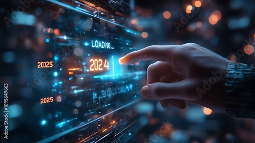  Progress and transition from 2024 to 2025 concept. A person pointing to loading bar transitioning from 2024 to 2025, progress, future planning, and new year goals. annual planning and business growth