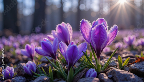 Purple crocuses blooming in morning light in a woodland clearing