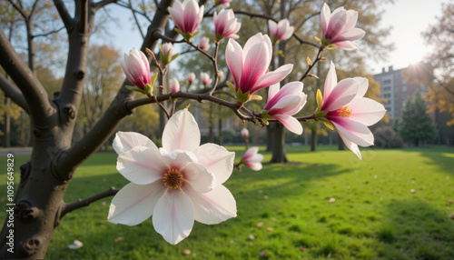 Magnolia blossoms on branches in a sunny park in spring