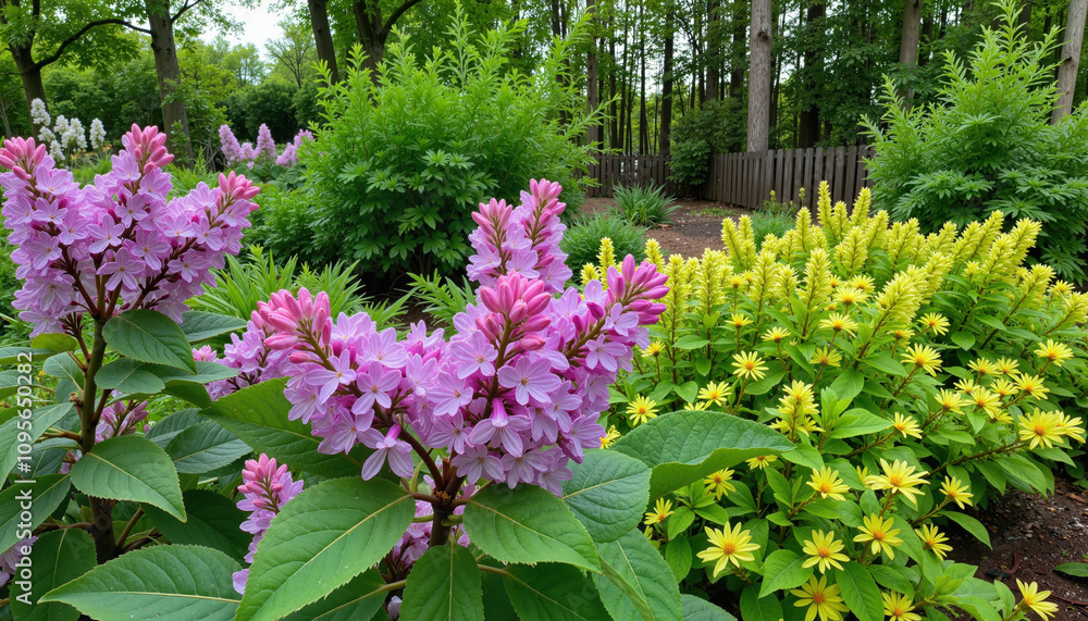 Obraz premium Blooming lilac and yellow bushes in a lush garden