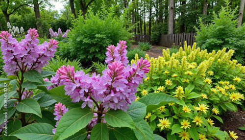 Blooming lilac and yellow bushes in a lush garden