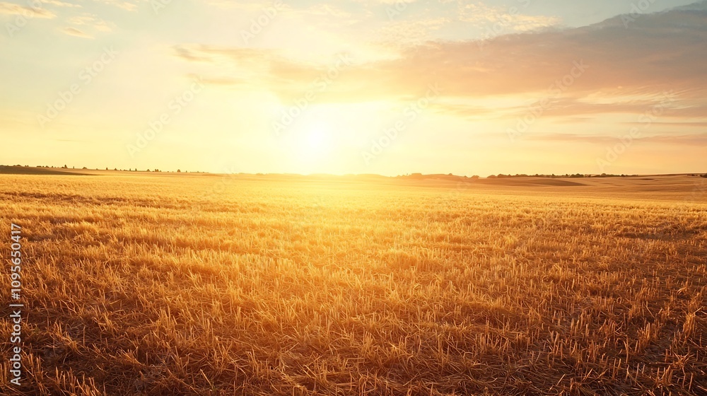 Obraz premium Vast Pastoral Landscape Illuminated by Warm Golden Sunset Highlighting Adaptive Agricultural Measures to Combat Climate Challenges