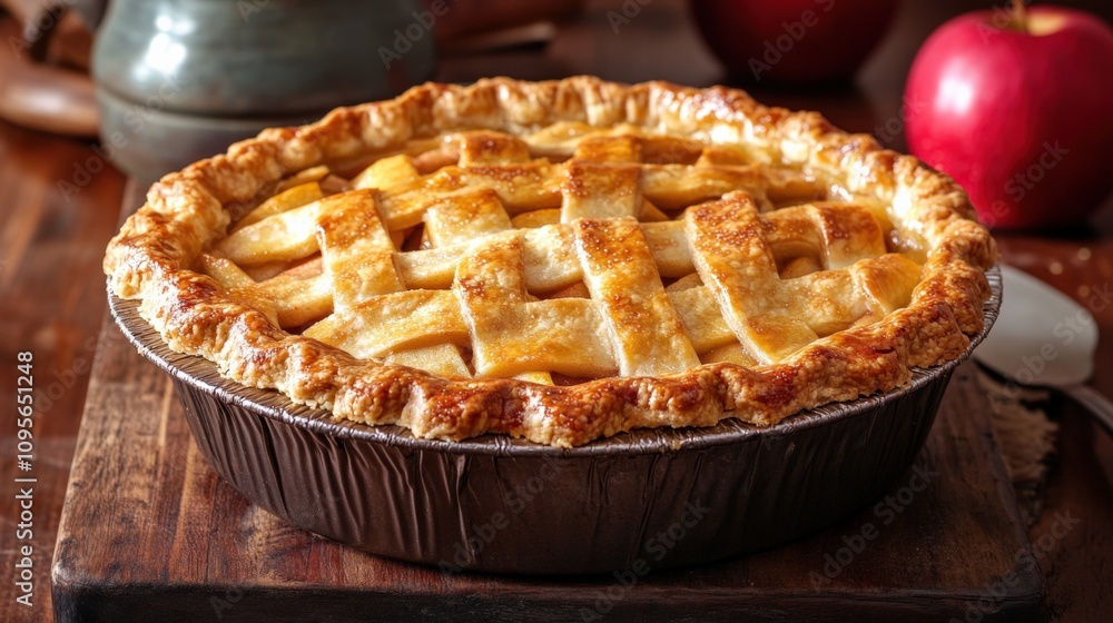 Delicious Homemade Apple Pie with Lattice Crust on a Rustic Wooden Table