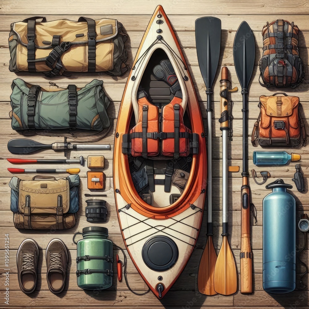 Kayaking or Canoeing: Kayaks or canoes, paddles, life jackets, and dry bags., ai Kayaking or Canoeing: Kayaks or canoes, paddles, life jackets, and dry bags., ai