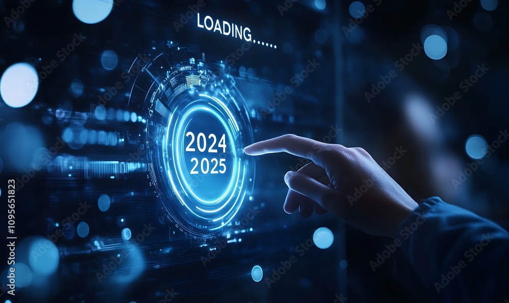 Progress and transition from 2024 to 2025 concept. A person pointing to loading bar transitioning from 2024 to 2025, progress, future planning, and new year goals. annual planning and business growth Progress and transition from 2024 to 2025 concept. A person pointing to loading bar transitioning from 2024 to 2025, progress, future planning, and new year goals. annual planning and business growth
